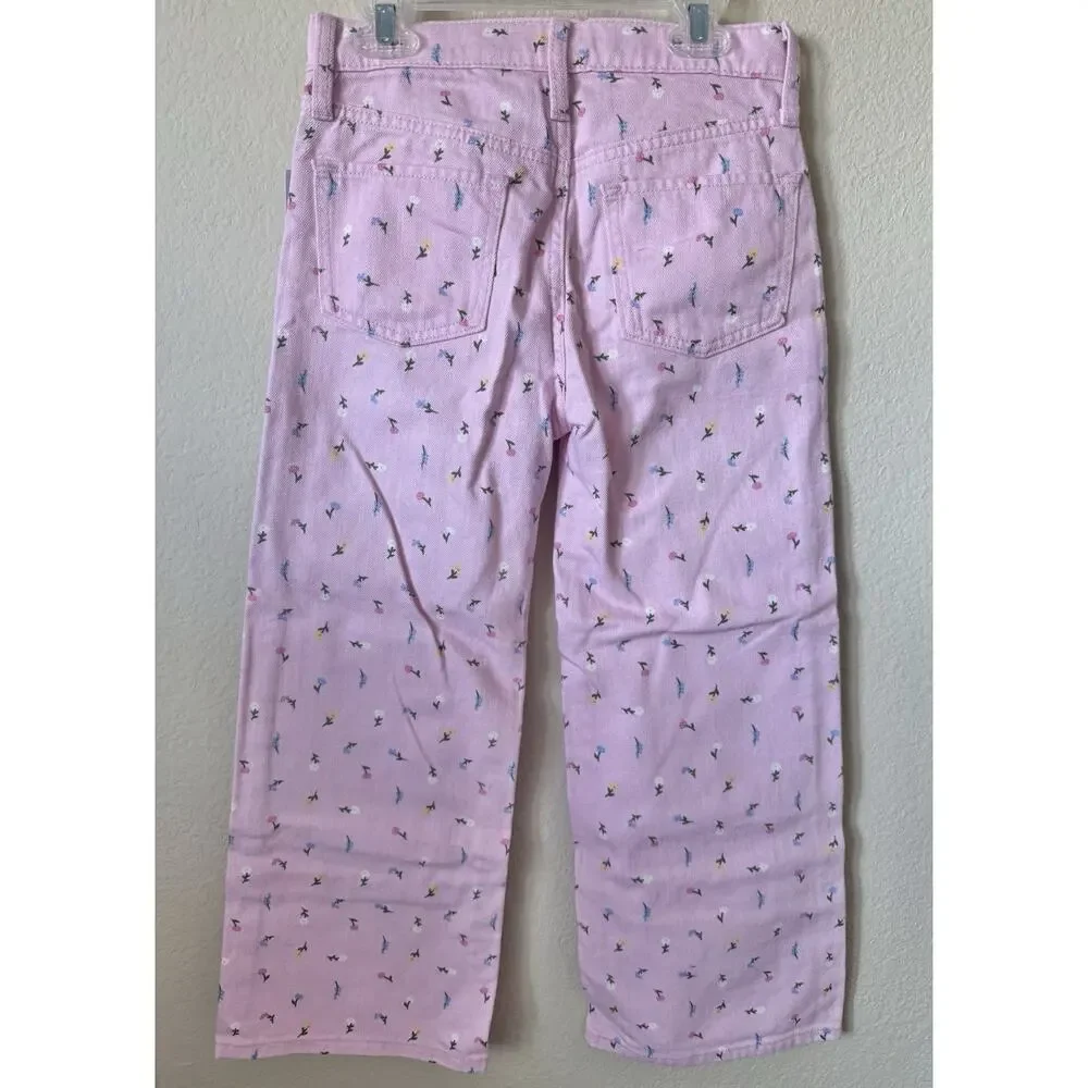 Old Navy Floral Printed High Waisted Baggy Wide Leg Girls Jeans Pants Size 10